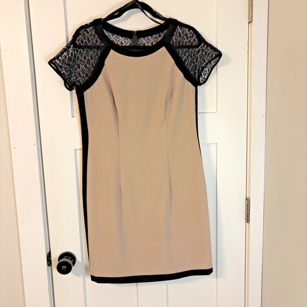 Women's Sheath Pencil Dress Tan with Black Crochet Sleeves Sz 12 Preppy Career